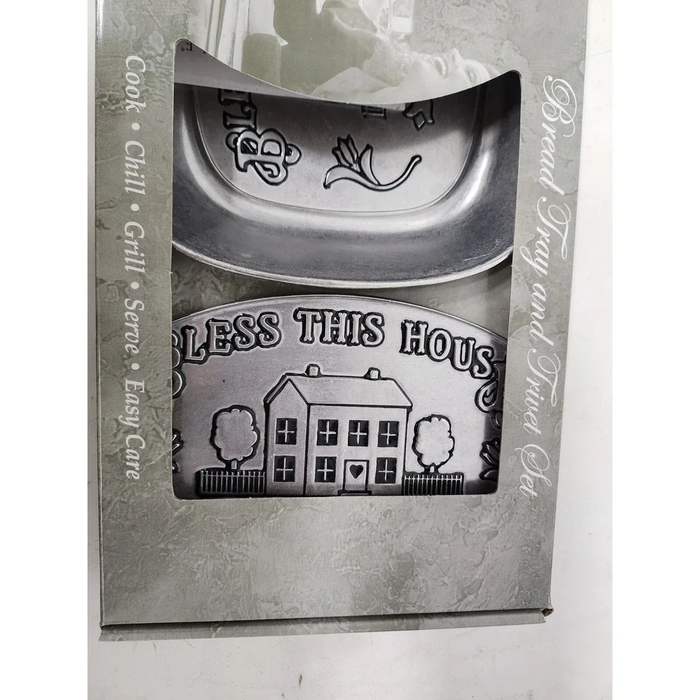 Vintage Wilton Armetale Bless This House Bread Tray & Trivet Set Aluminum NEW